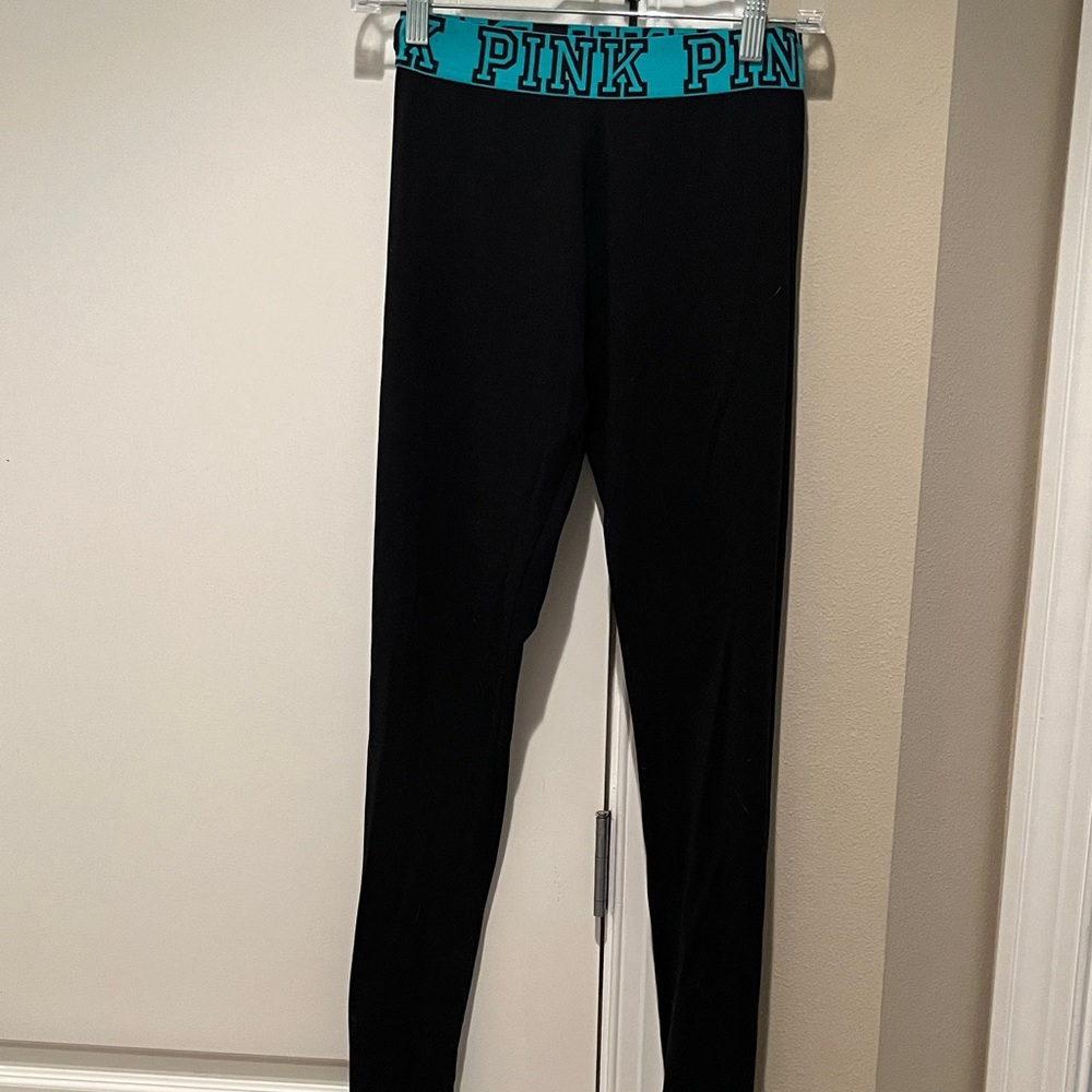 PINK Victoria's Secret Black Leggings with Teal Band